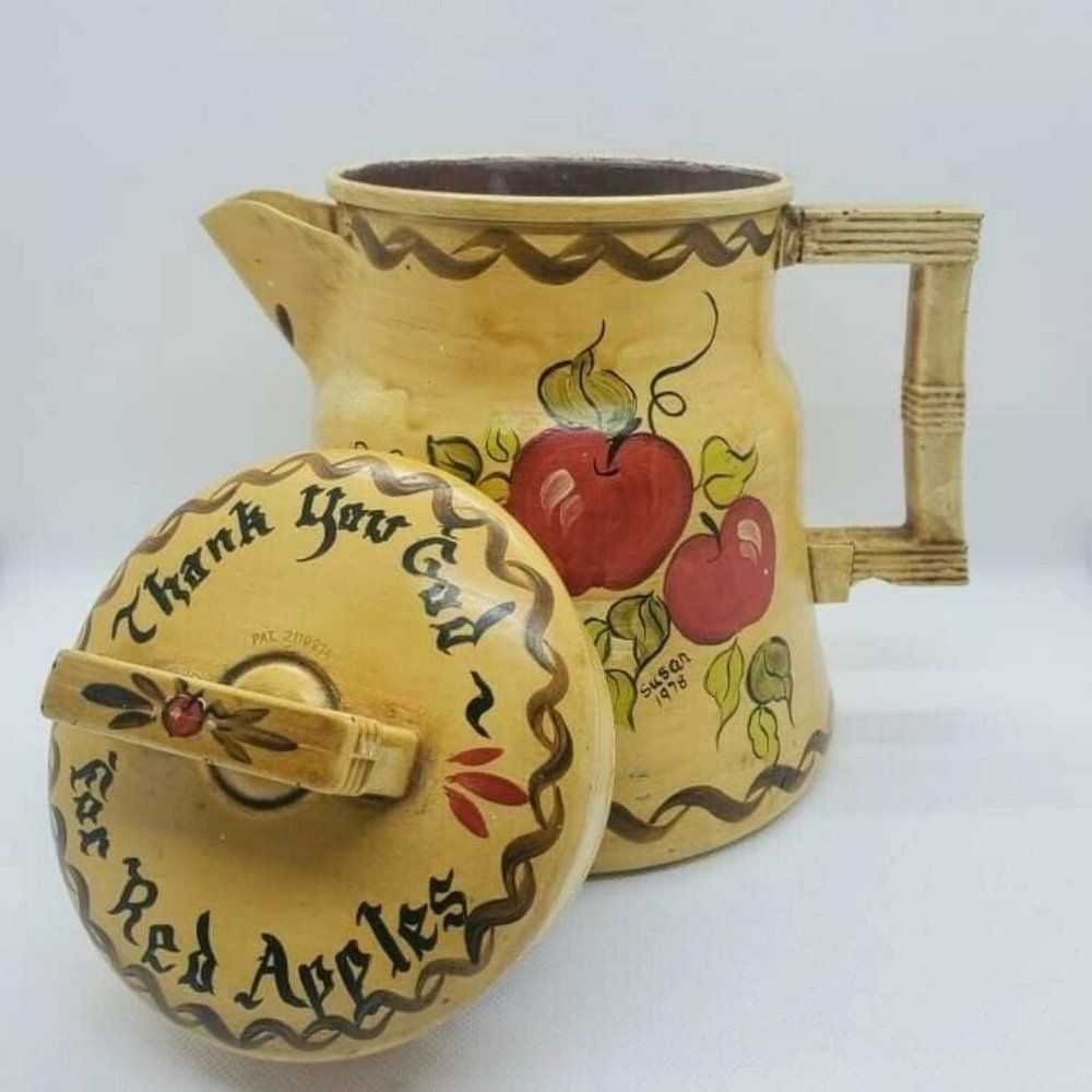 Tole Painted Tin Tea Kettle Red Apples Signed Susan 1978 8" Tall Vintage